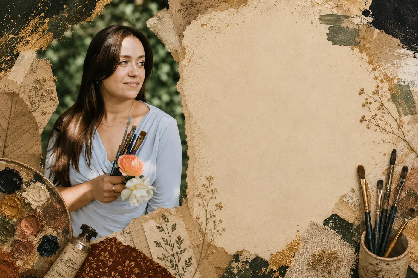 Ana Beij among brushes, palettes, dried flowers and gold leaf, framed by torn paper