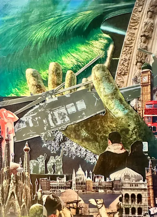 Chaos Rising, a collage by Ana Beij: a green wave, a giant hand, cathedrals and Big Ben