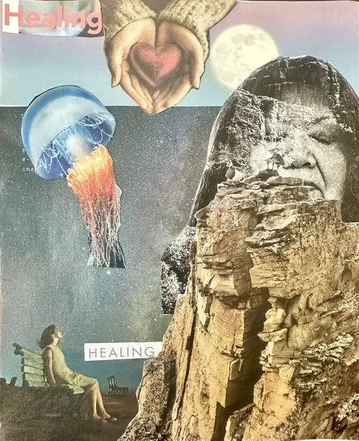 I Rest and Trust, a collage by Ana Beij: a jellyfish, two hands holding a heart, the moon, a stone face and a woman on a bench