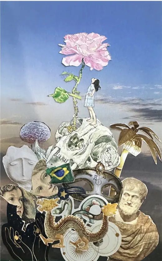 Standing on a Pile of Lessons, a collage by Ana Beij: a small figure on a pile of skulls, masks and statues, a pink rose growing above