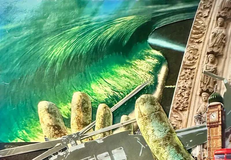 Detail of Chaos Rising: a giant hand rising from a green wave