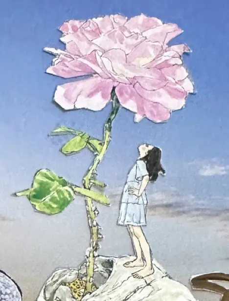 Detail of Standing on a Pile of Lessons: a small figure standing beneath a pink rose