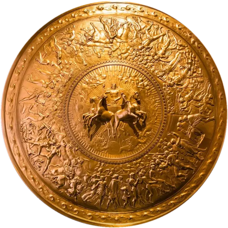 The Shield of Achilles, a round gilded shield covered in rings of tiny carved figures