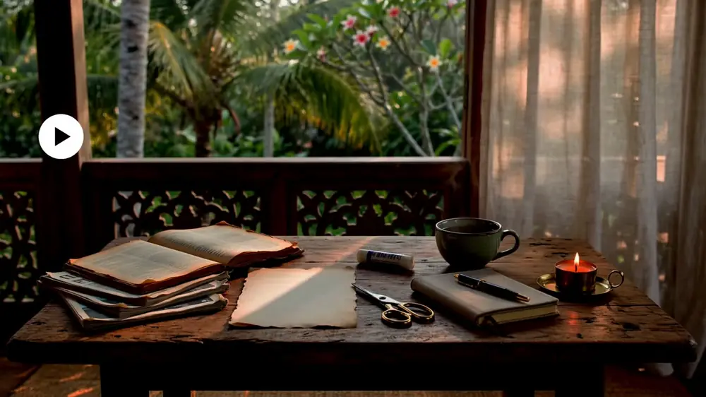 A writing table in Bali with notebooks, scissors and a candle